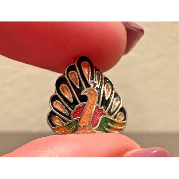 Vintage Cloisonné Peacock Bird Stud Earrings, 1/2 Inch, Used - Picture 4 of 6